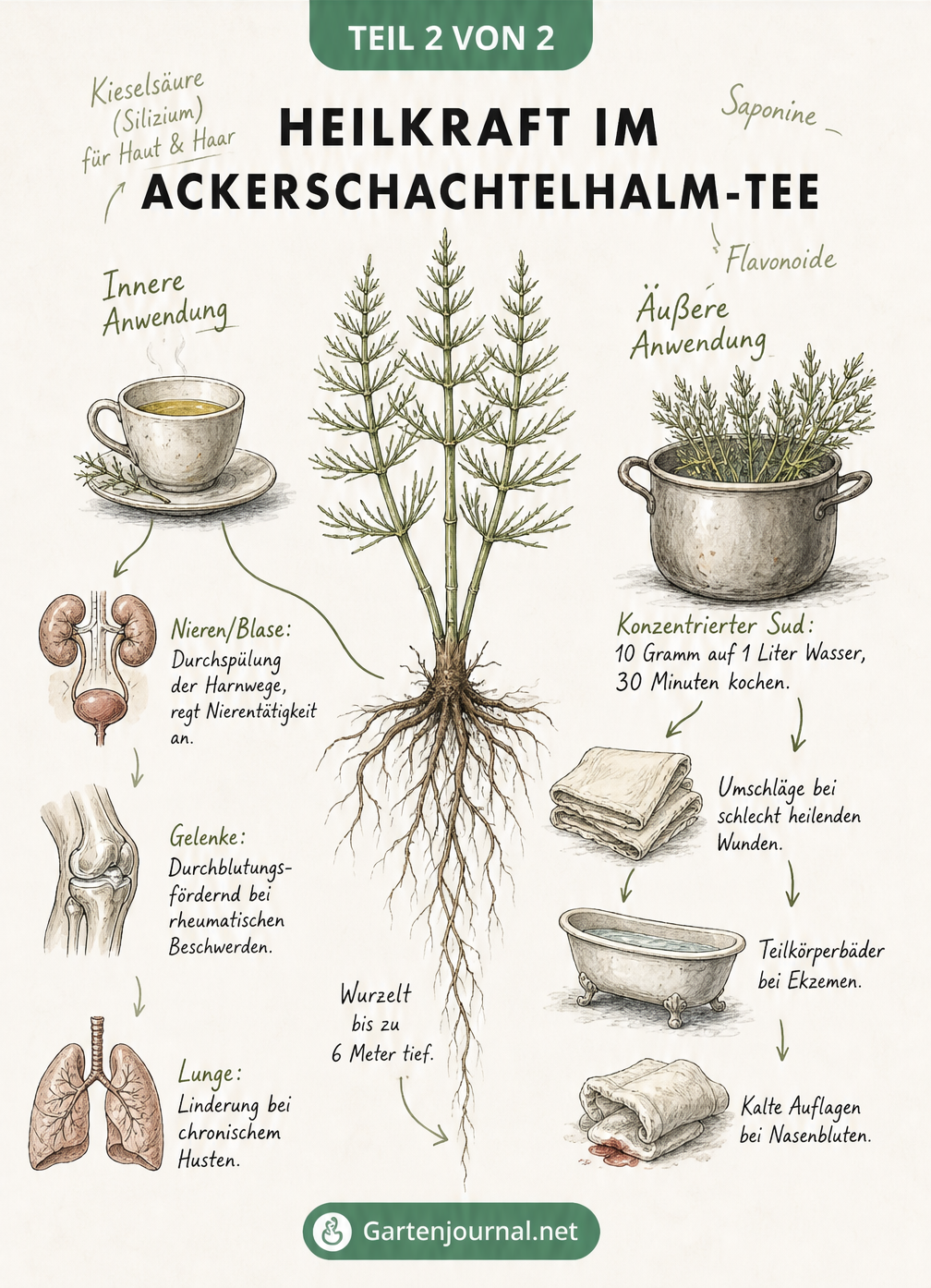 Botanische Illustration des Ackerschachtelhalms mit Anwendungsbereichen für Nieren, Gelenke und Haut