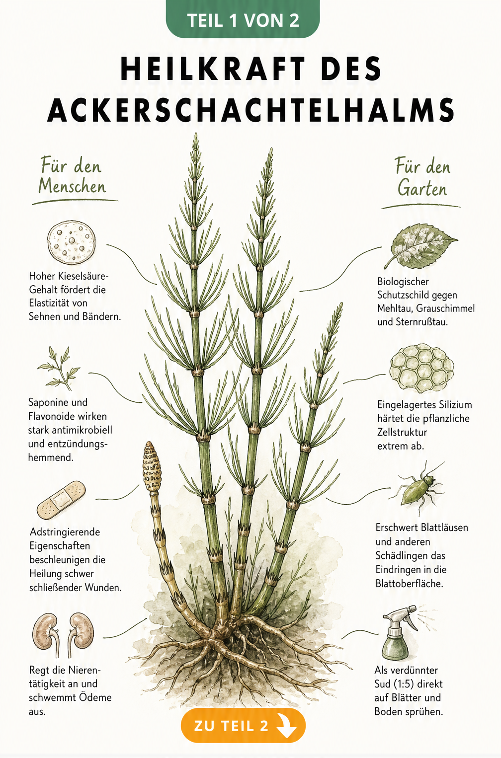 Botanische Illustration des Ackerschachtelhalms mit Erklärungen zur Heilwirkung auf den Menschen und als Pflanzenschutz im Garten