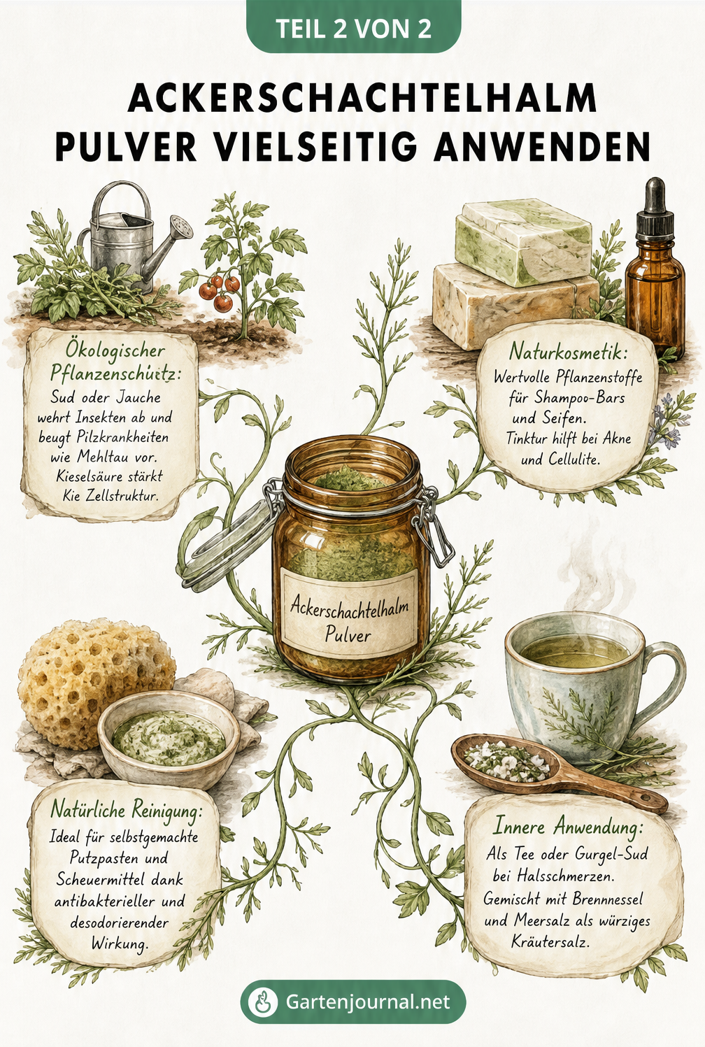Illustration der Anwendungsmöglichkeiten von Ackerschachtelhalm-Pulver in Garten, Haushalt und Kosmetik