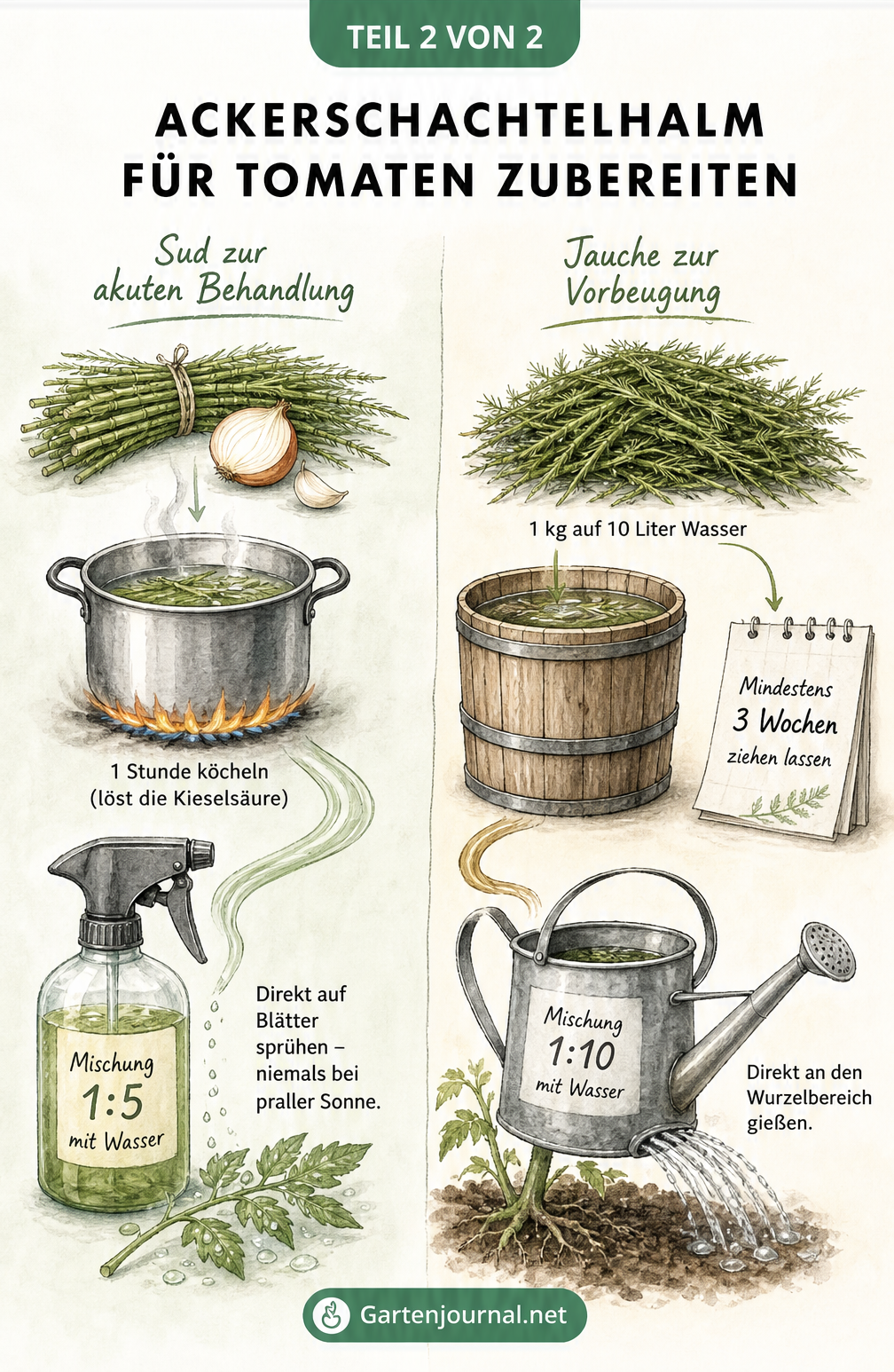 Rezept-Illustration für Ackerschachtelhalm-Sud zur akuten Behandlung und Jauche zur Vorbeugung bei Tomaten