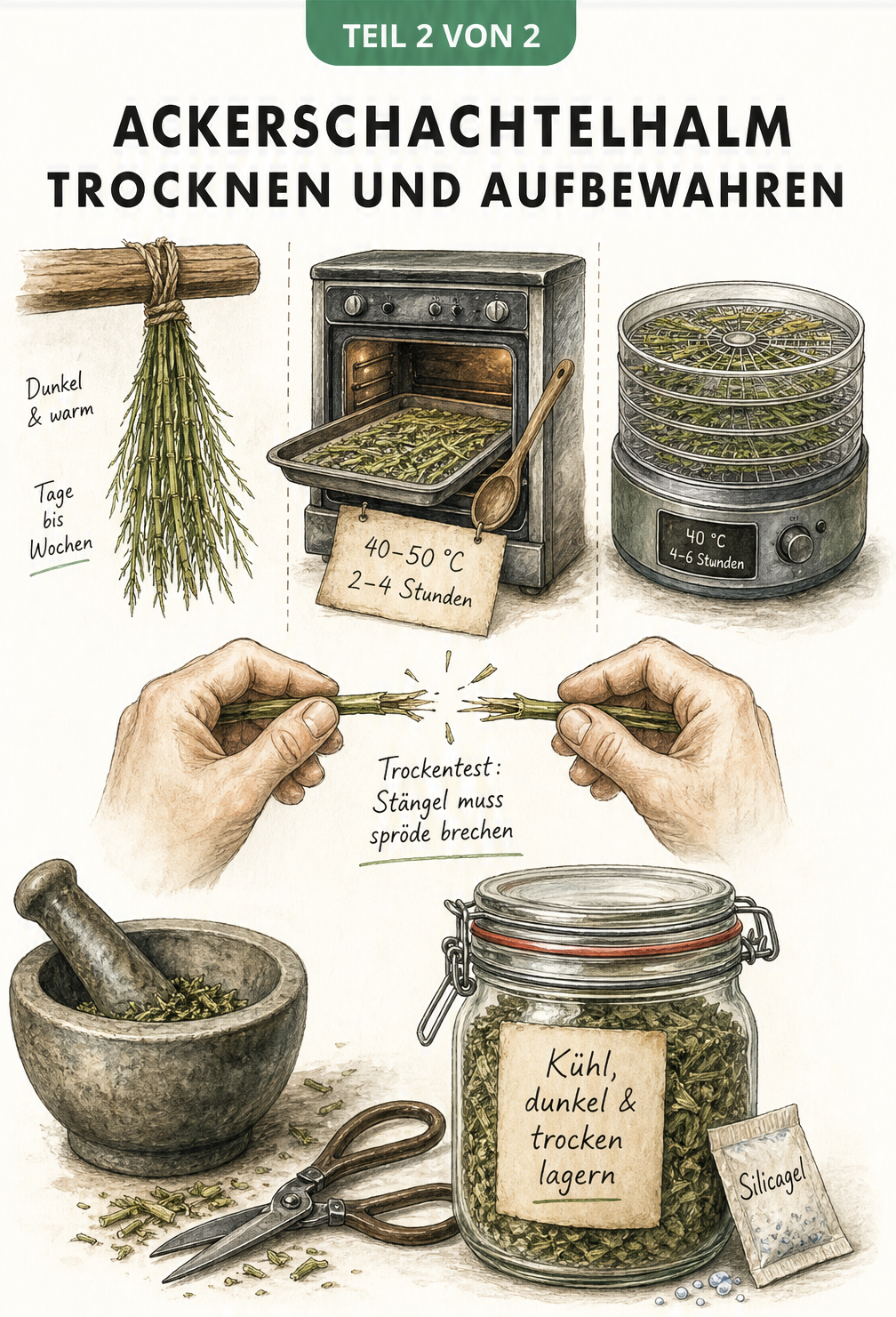 Illustration der Trocknungsmethoden für Ackerschachtelhalm: Lufttrocknung, Backofen und Dörrautomat sowie Lagerung im Glas