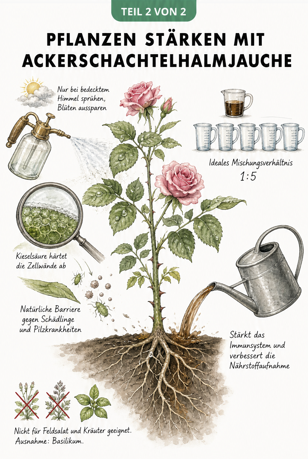 Illustration einer Pflanze, die über Blätter und Wurzeln mit Ackerschachtelhalmjauche gestärkt wird.