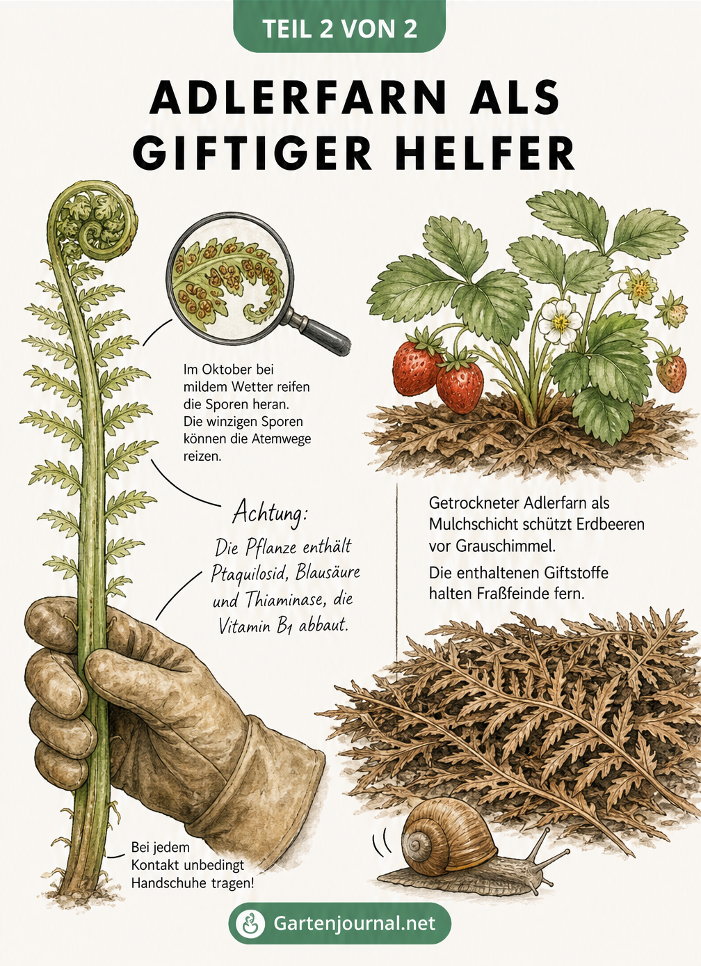 Illustration des giftigen Adlerfarns und seiner Nutzung als Mulch für Erdbeeren