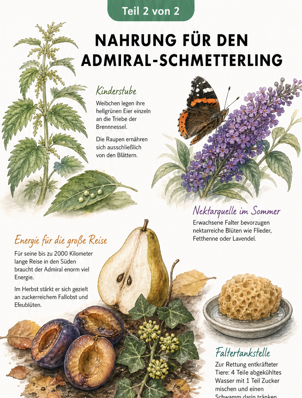 Illustration der Nahrungsquellen des Admiral-Schmetterlings: Brennnessel, Schmetterlingsflieder, Fallobst und eine Faltertankstelle