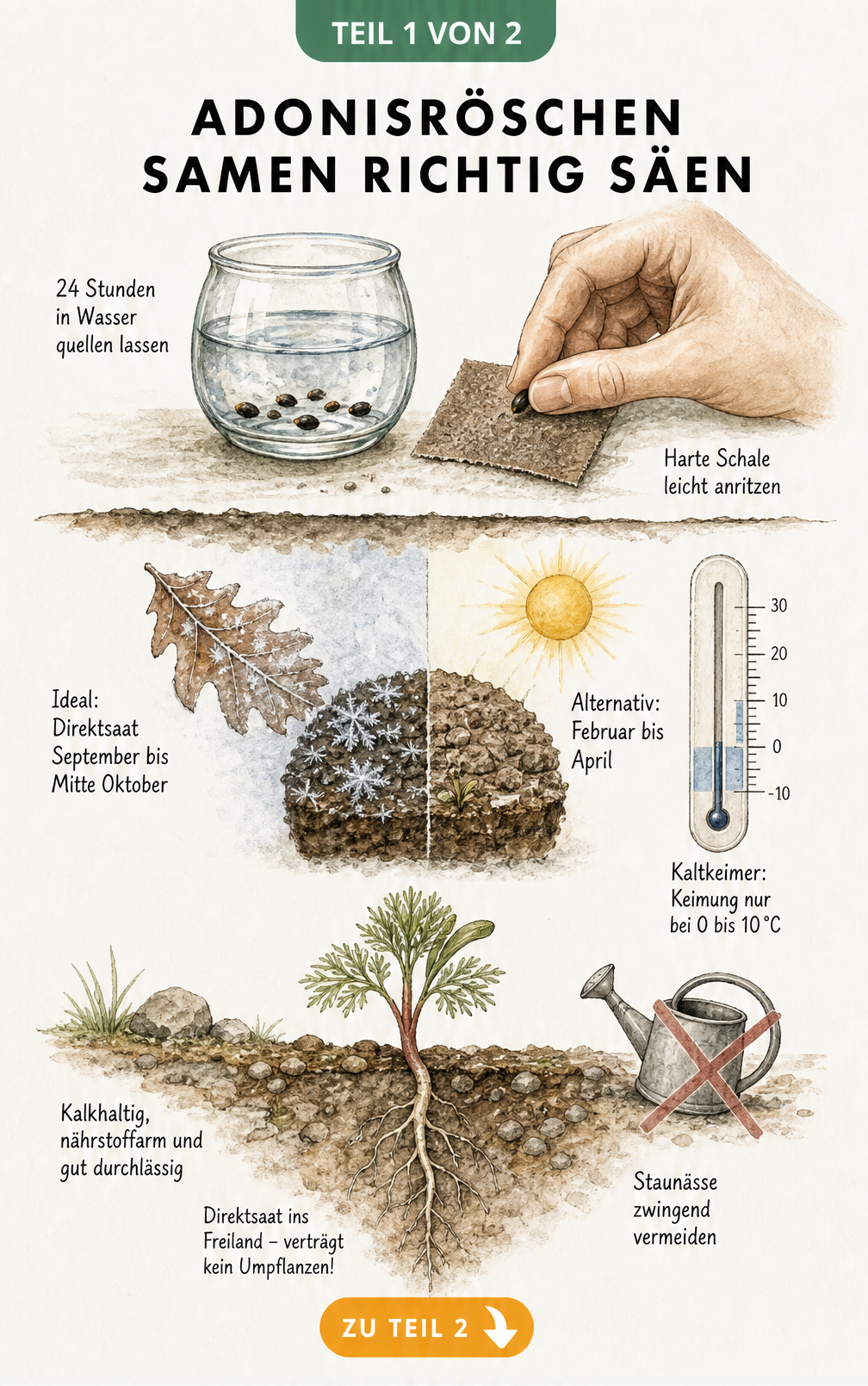 Illustration zur Aussaat von Adonisröschen-Samen mit Vorbereitung, Temperatur und Standort