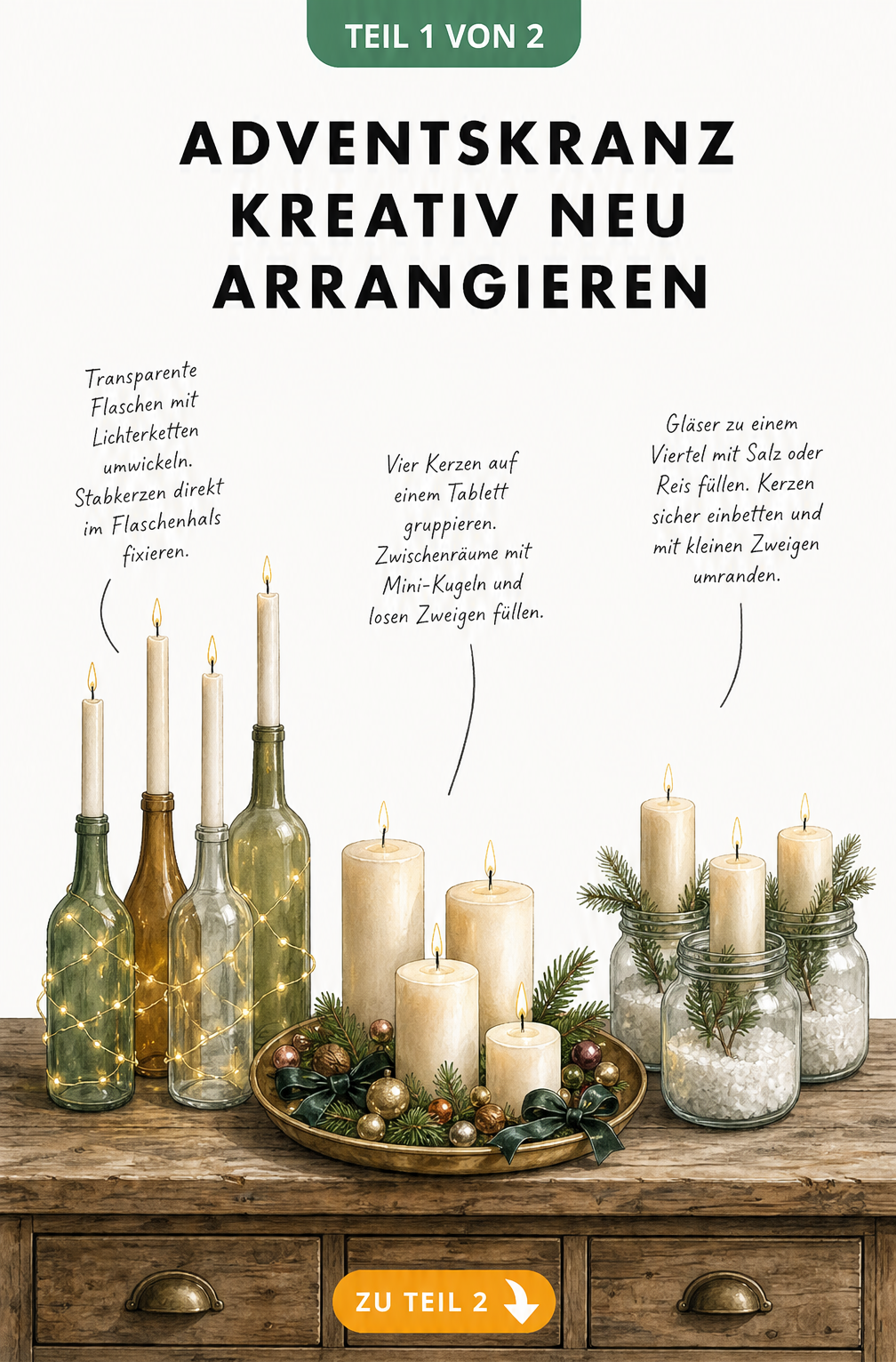 Drei moderne Adventskranz-Alternativen auf einem Holz-Sideboard: Flaschen mit Lichterketten, ein Tablett mit Kerzen und Kugeln sowie Einmachgläser mit Salz und...
