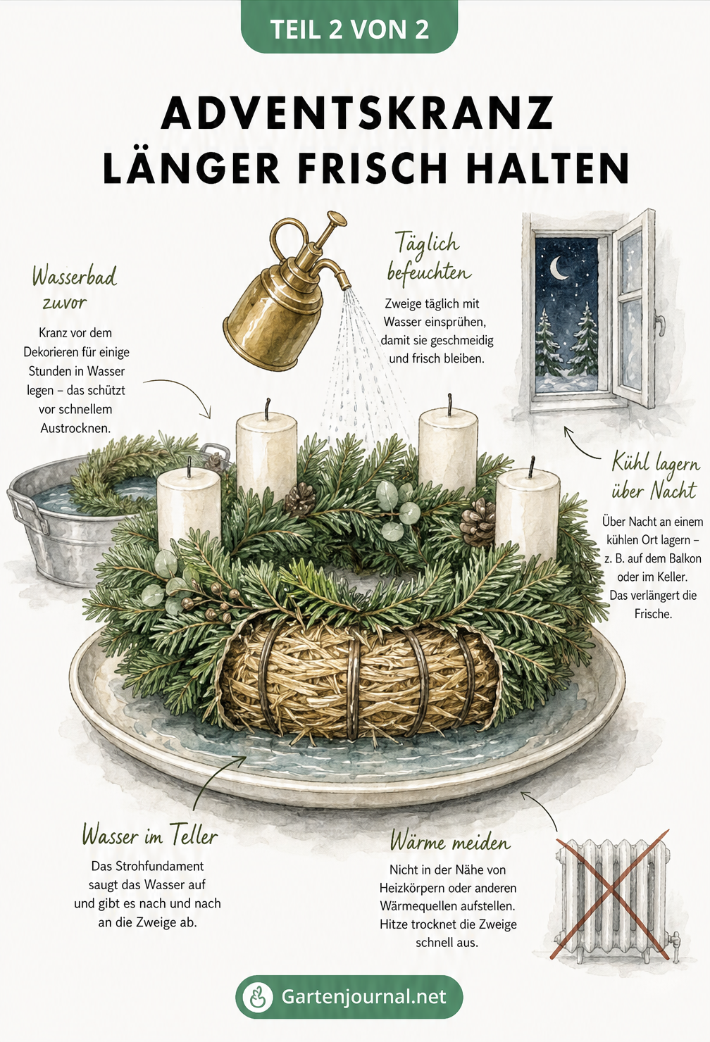 Schnittzeichnung eines Adventskranzes auf einem Teller mit Wasser, Sprühflasche und Hinweisen zur kühlen Lagerung.