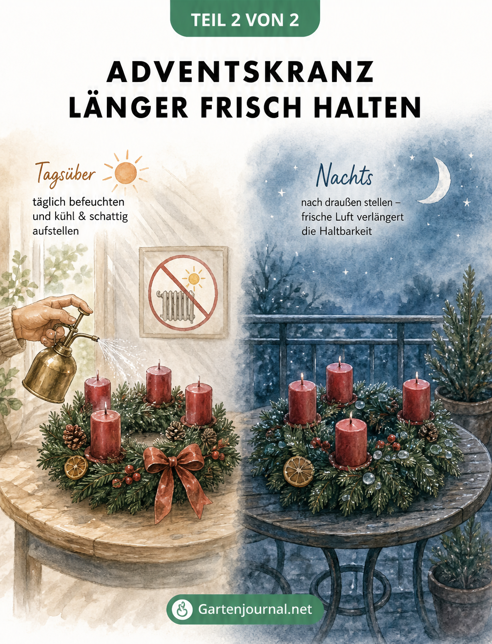 Zweigeteilte Illustration zur Pflege eines Adventskranzes: Tagsüber im Schatten mit Wasser besprühen, nachts kühl auf dem Balkon lagern.