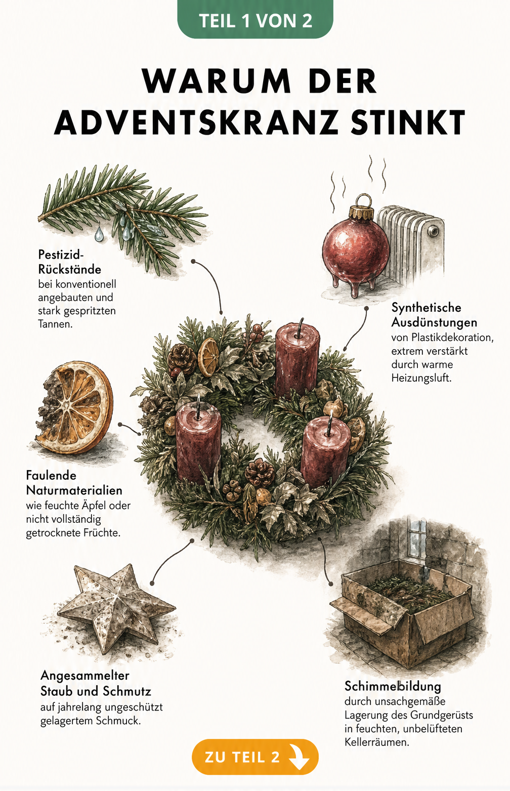 Illustration eines welken Adventskranzes mit Detailzeichnungen zu Pestiziden, faulenden Früchten, Staub, Plastik und Schimmel