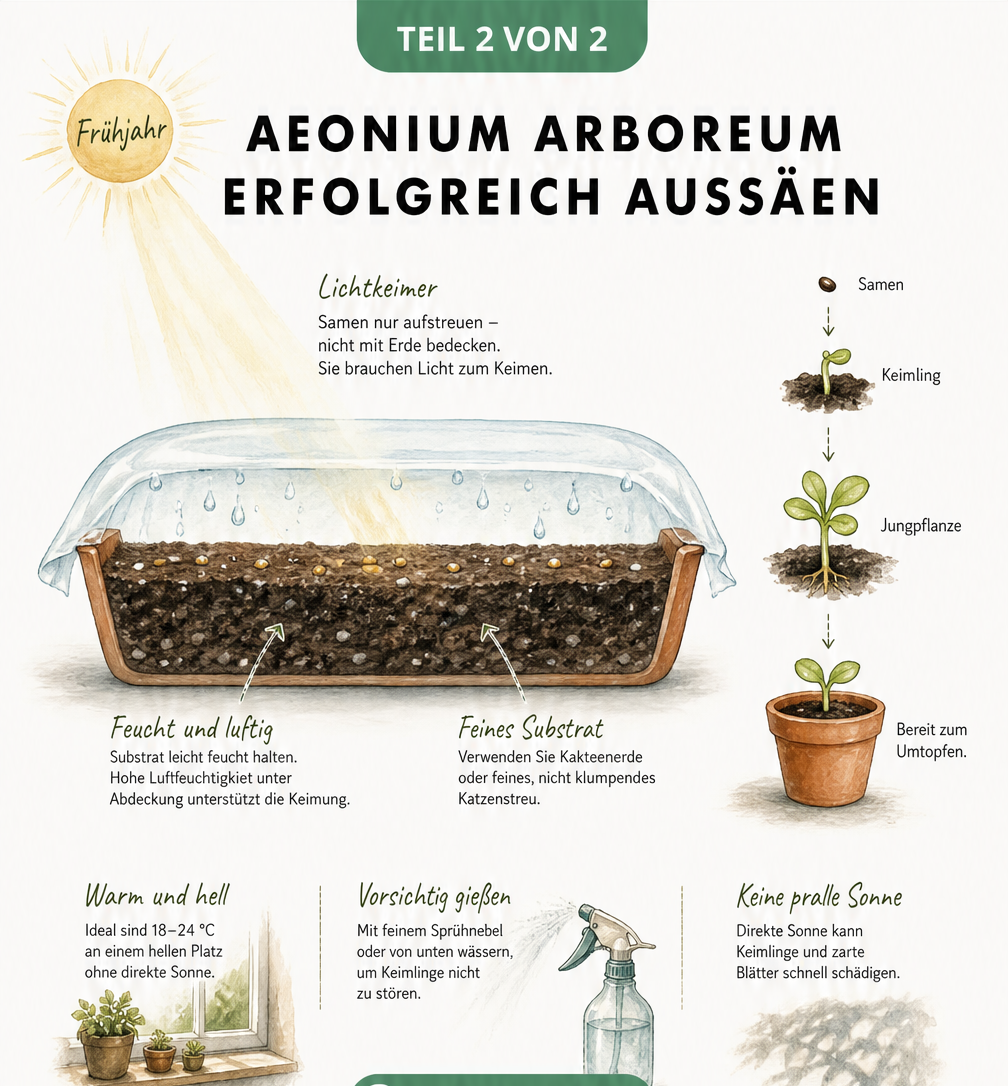 Querschnitt einer Anzuchtschale mit Samen und Keimlingen von Aeonium arboreum