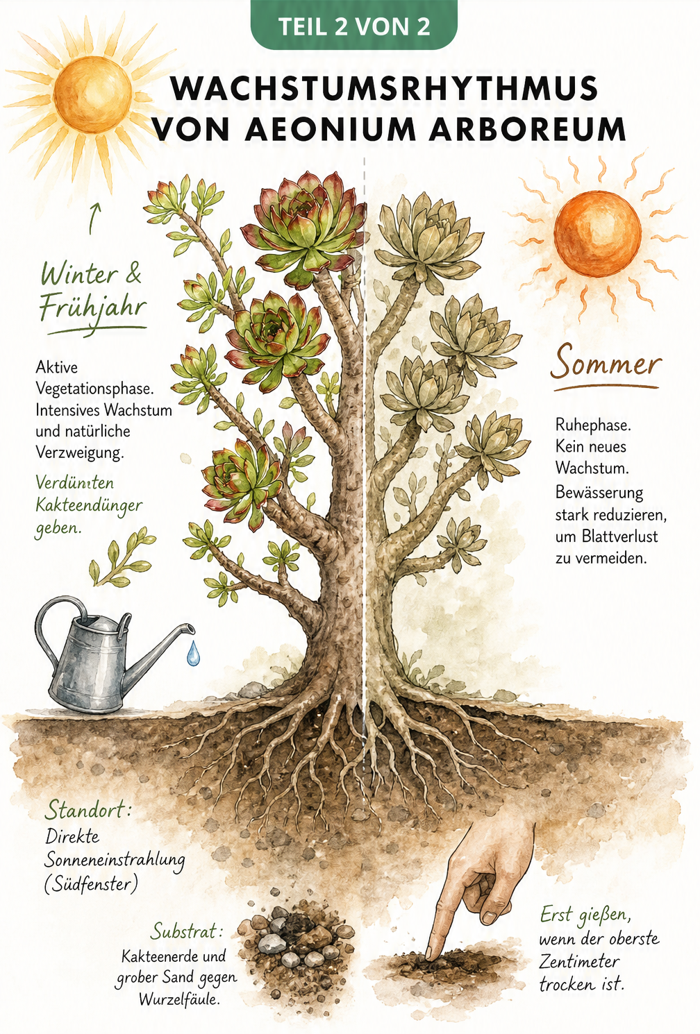 Lehrtafel zum Wachstumsrhythmus von Aeonium arboreum, die die aktive Phase im Winter und Frühjahr sowie die Ruhephase im Sommer darstellt.
