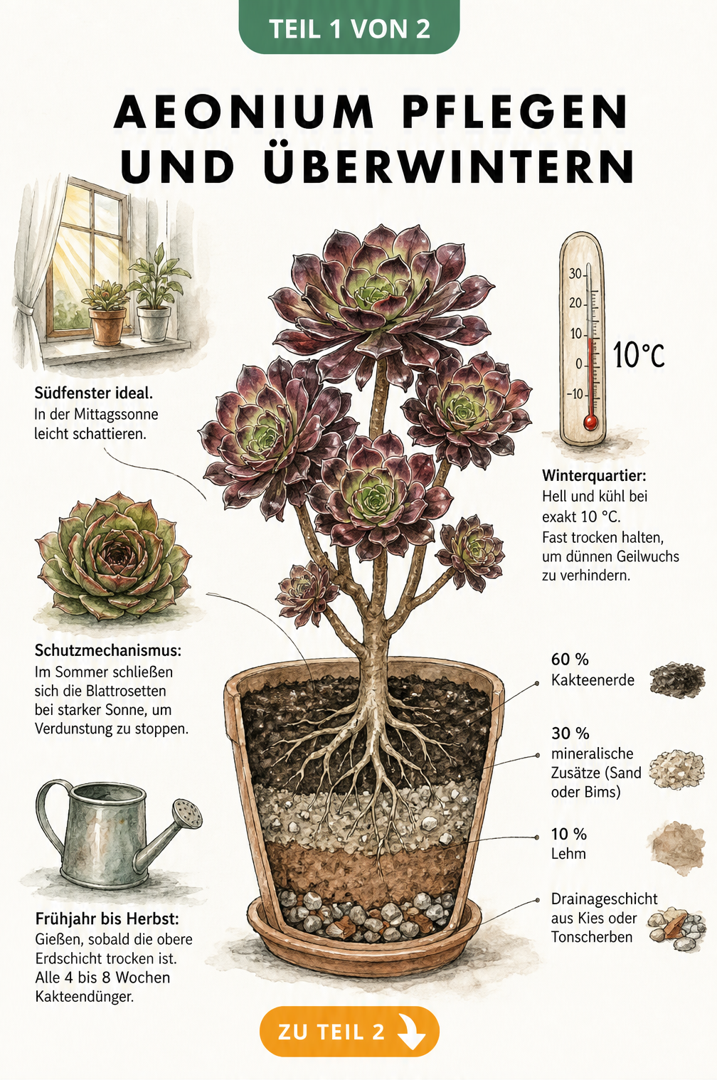 Botanische Illustration einer Aeonium-Pflanze im Querschnitt mit Hinweisen zu Standort, Gießen, Düngen und Überwintern
