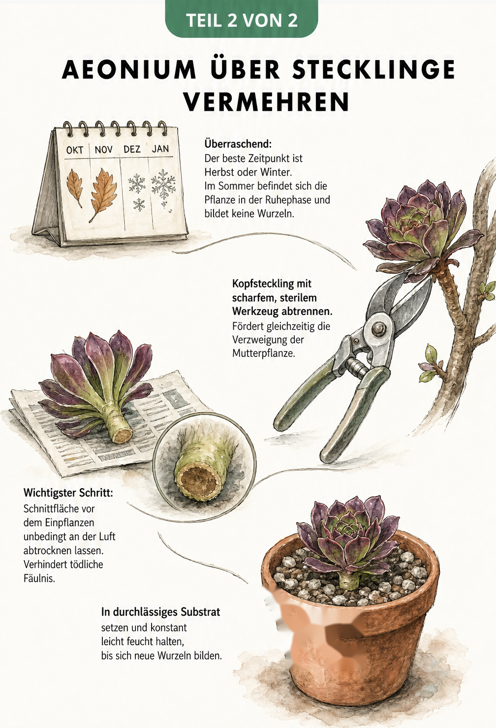 Gezeichnete Anleitung zur Vermehrung von Aeonium über Kopfstecklinge im Herbst oder Winter