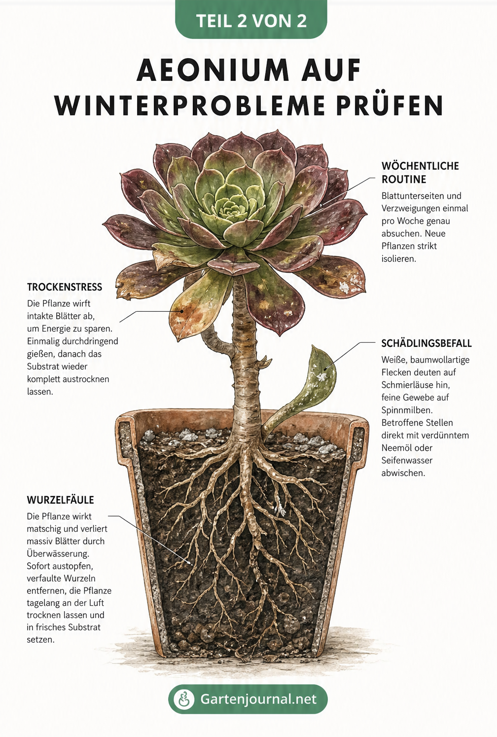 Geteilte Ansicht eines Aeoniums mit Fokus auf Blattrosette und Wurzelwerk zur Erkennung von Winterproblemen wie Trockenstress und Wurzelfäule