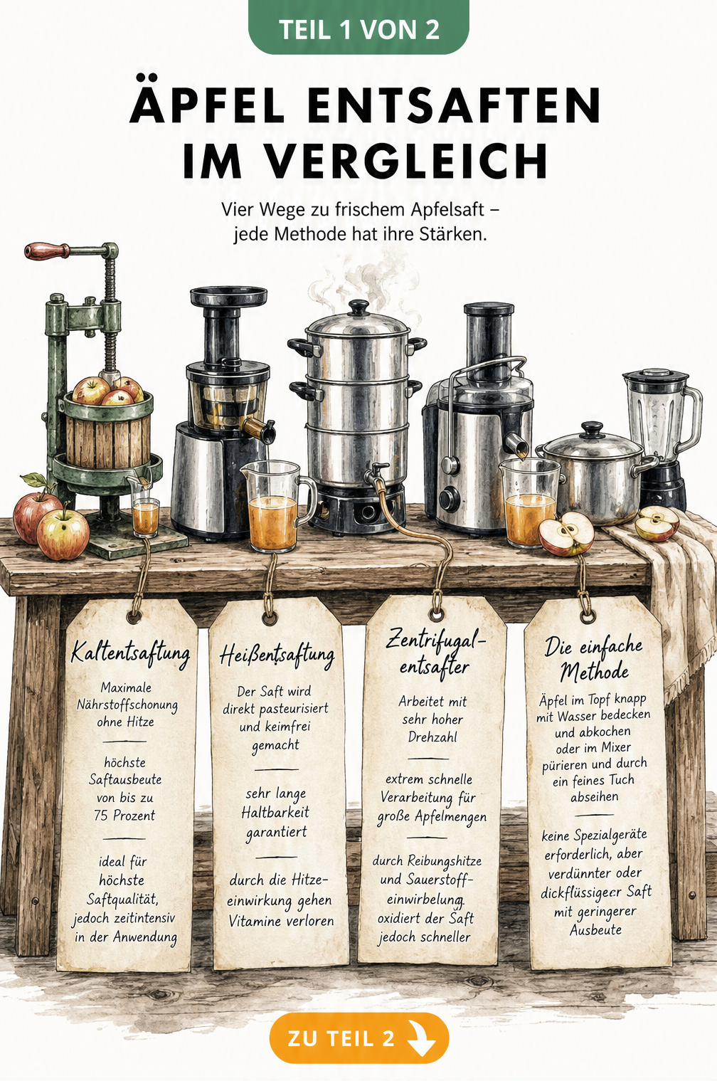 Illustration einer Werkbank mit vier Stationen zum Äpfel entsaften: Saftpresse, Dampfentsafter, Zentrifugalentsafter und Kochtopf mit Mixer.