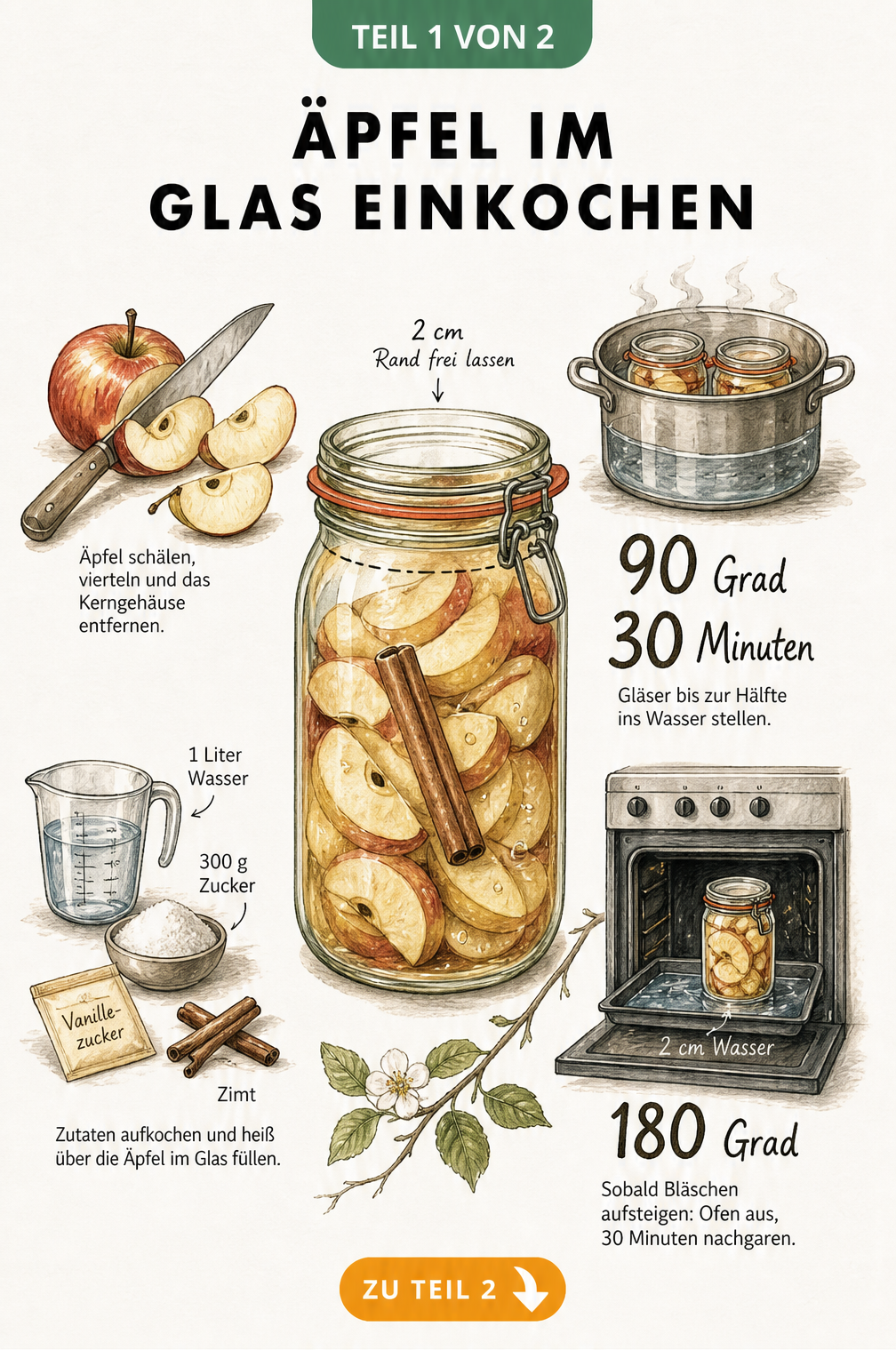 Illustration eines Weckglases mit Apfelvierteln und Zimtstange sowie Zutaten und Garmethoden zum Einkochen