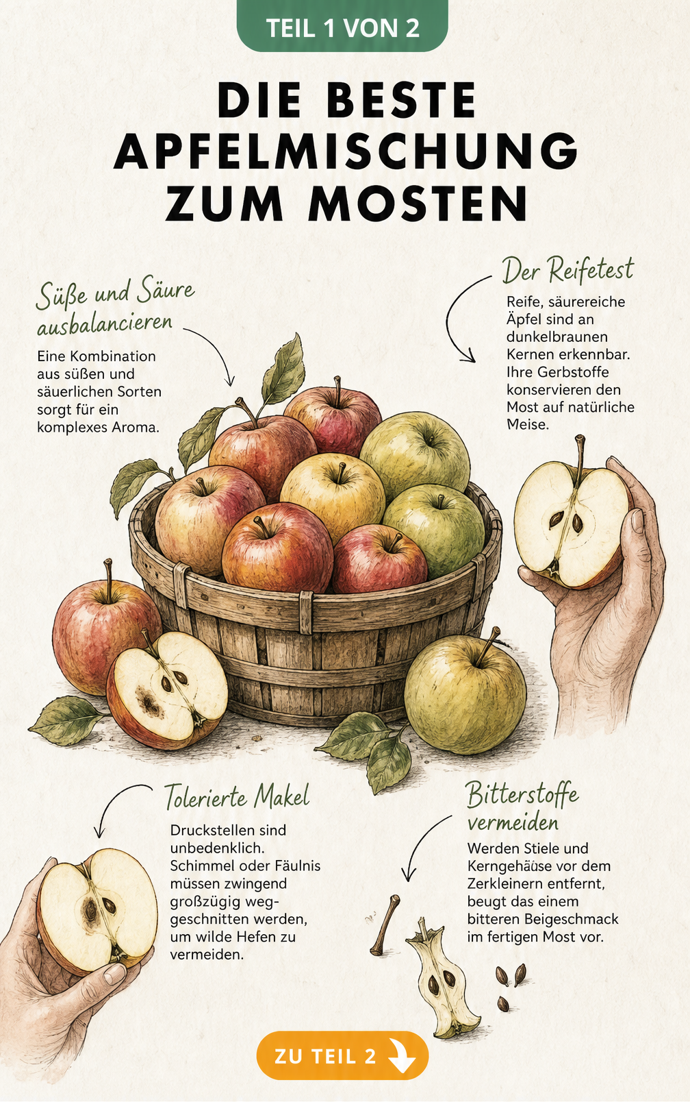 Illustration verschiedener Äpfel in einem Holzkorb mit Hinweisen zur Auswahl der besten Apfelmischung zum Mosten
