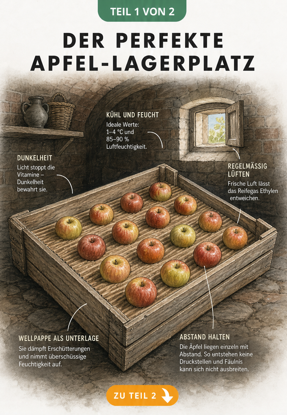 Illustration einer Holz-Apfelstiege im dunklen Gewölbekeller mit Angaben zu Temperatur und Luftfeuchtigkeit