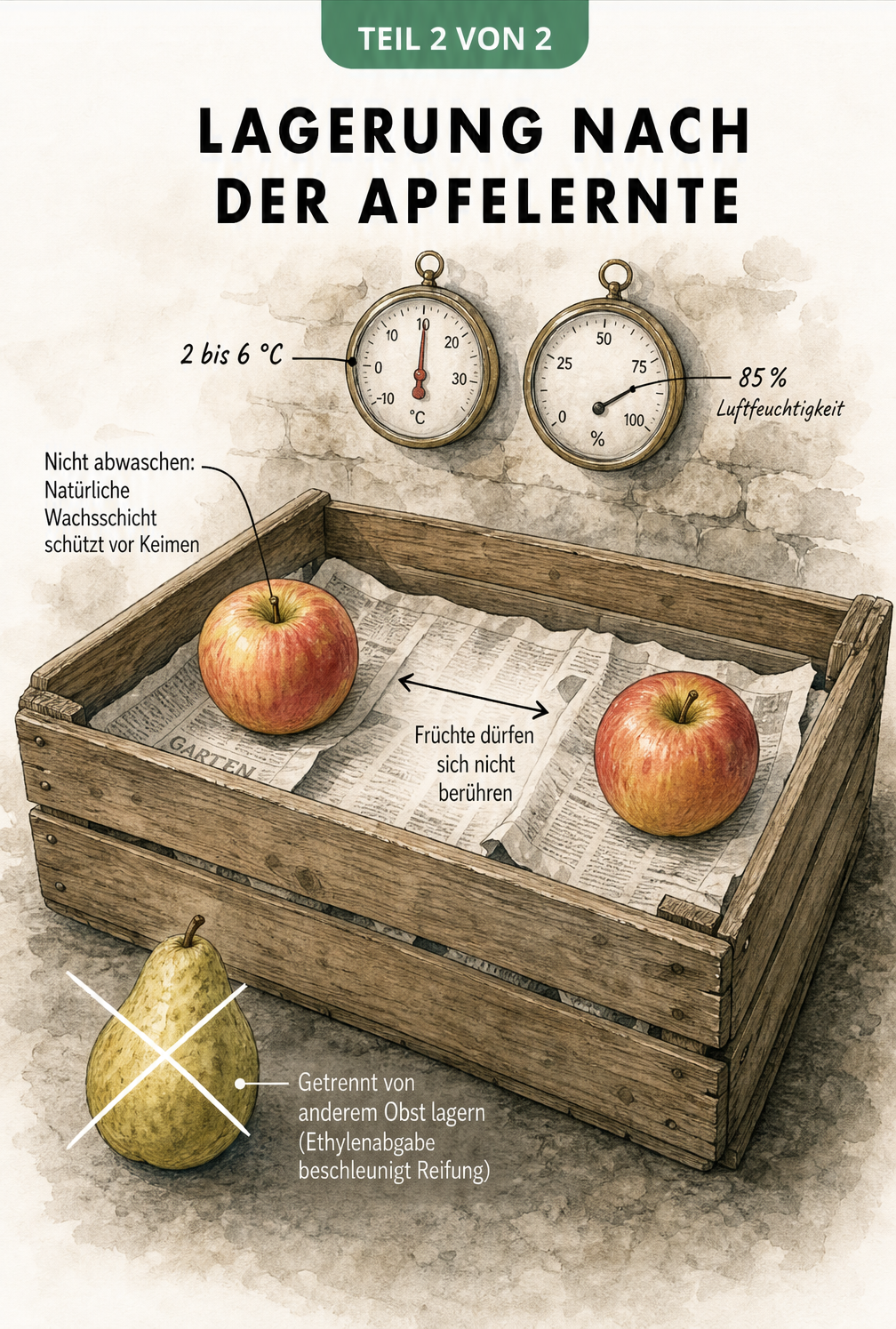 Illustration einer Holzkiste im Keller mit Äpfeln auf Zeitungspapier, Thermometer und Hygrometer zur optimalen Lagerung