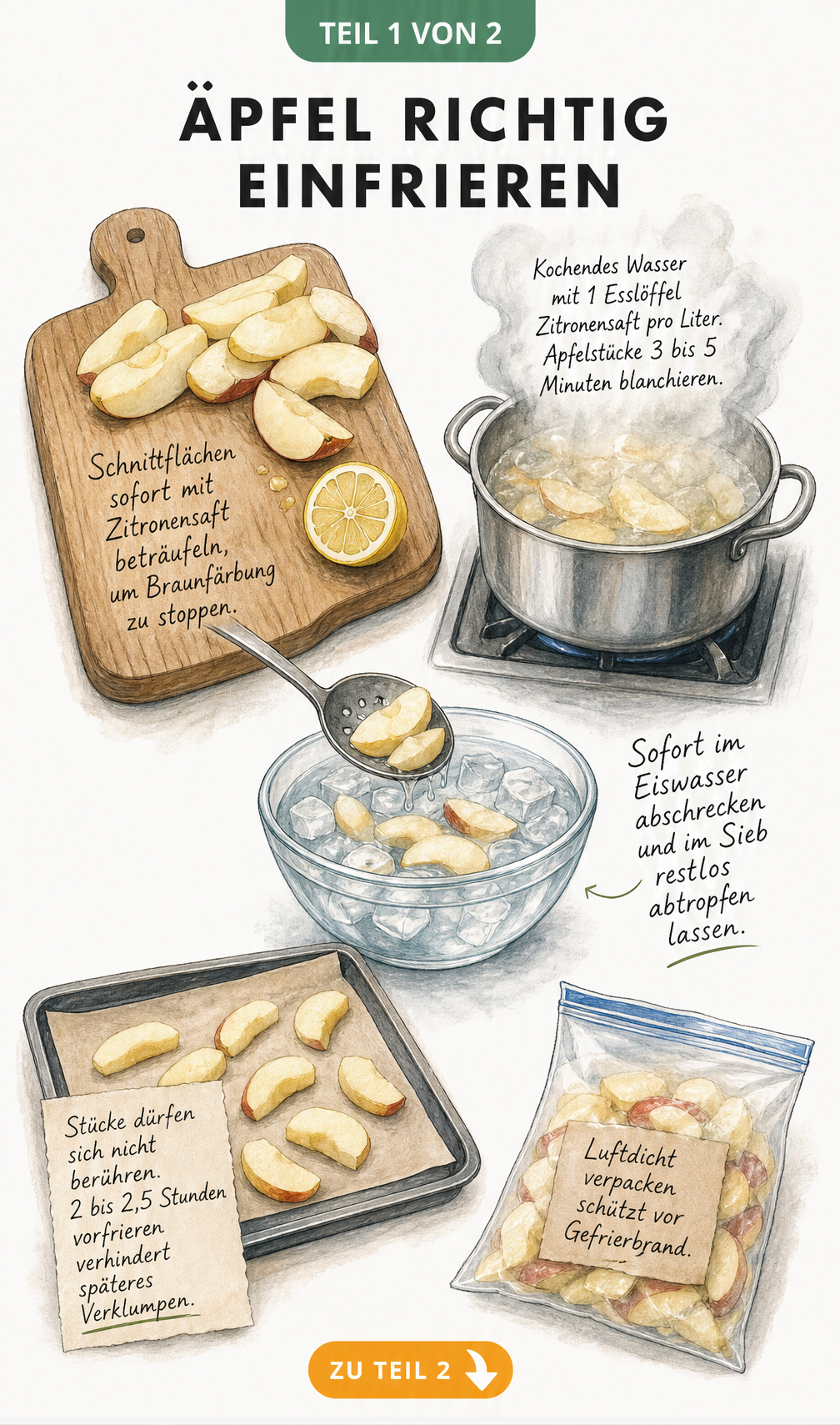 Illustration der Vorbereitung von Äpfeln zum Einfrieren mit Schneidebrett, Blanchieren und Vorfrieren auf einem Backblech
