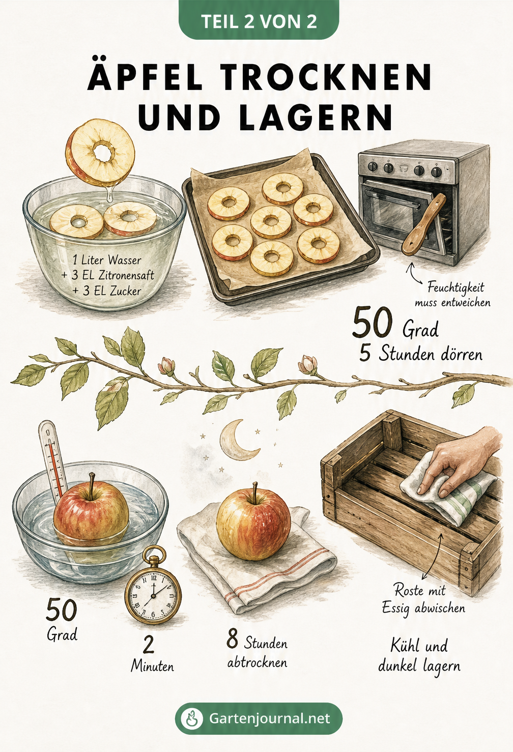Illustration zur Herstellung von Apfelringen und zur Lagerung ganzer Äpfel in einer Holzkiste
