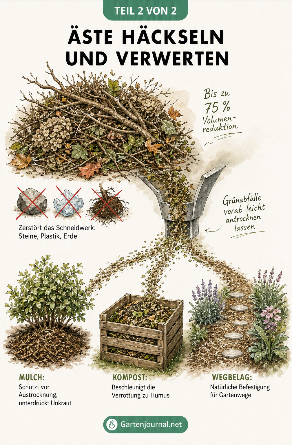 Aquarell-Grafik zeigt die Volumenreduktion von Gartenabfällen und die Verwertung als Mulch, Kompost und Wegbelag