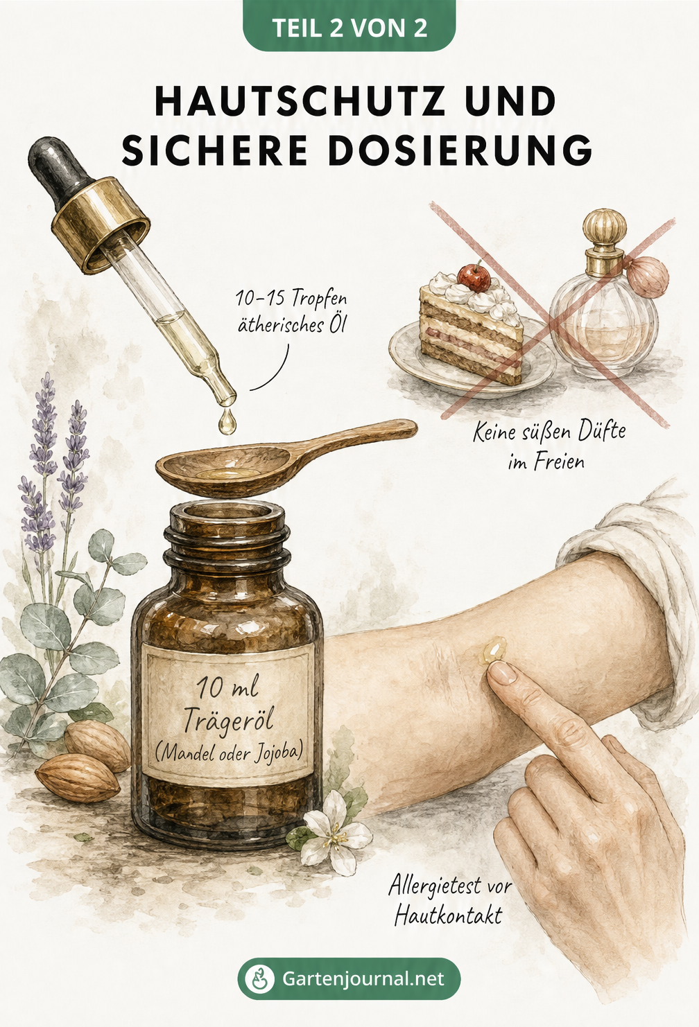 Illustration einer Pipette mit ätherischem Öl, Trägeröl und einem Allergietest auf dem Unterarm