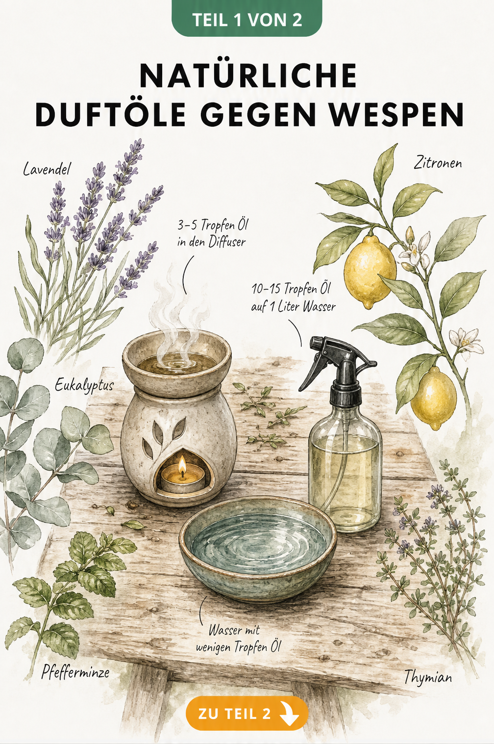 Aquarell-Illustration eines Gartentisches mit Diffuser, Wasserschale und Sprühflasche zur Wespenabwehr mit ätherischen Ölen