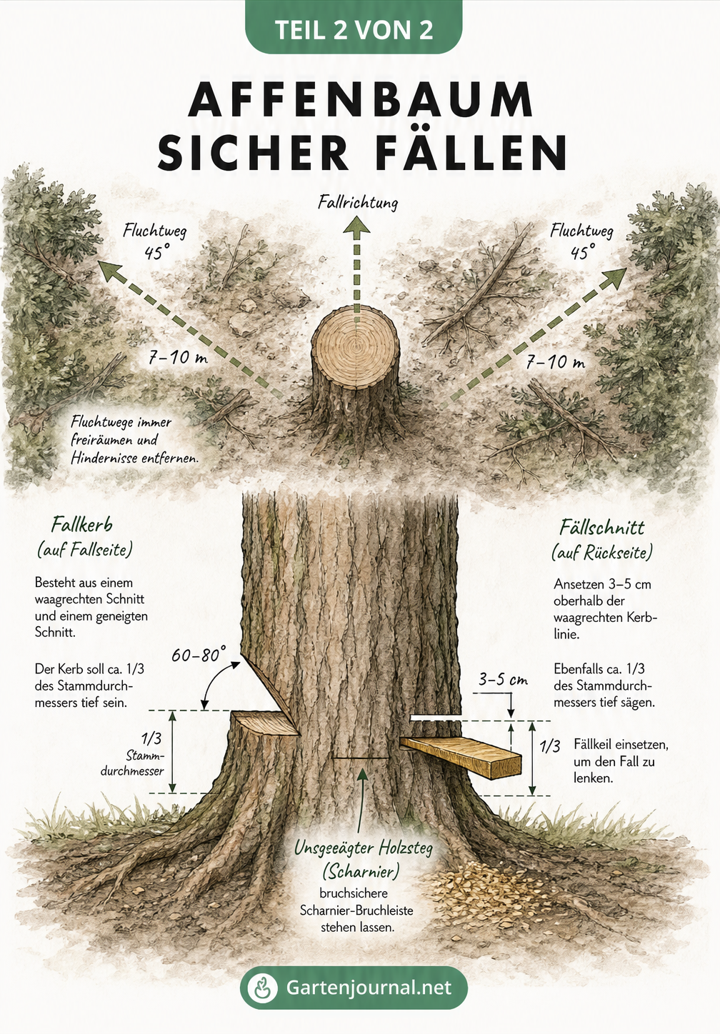 Forst-Skizze zum sicheren Fällen eines Baumes mit Vogelperspektive auf Fallrichtung und Fluchtwege sowie Detail-Querschnitt von Fallkerb, Fällschnitt und...