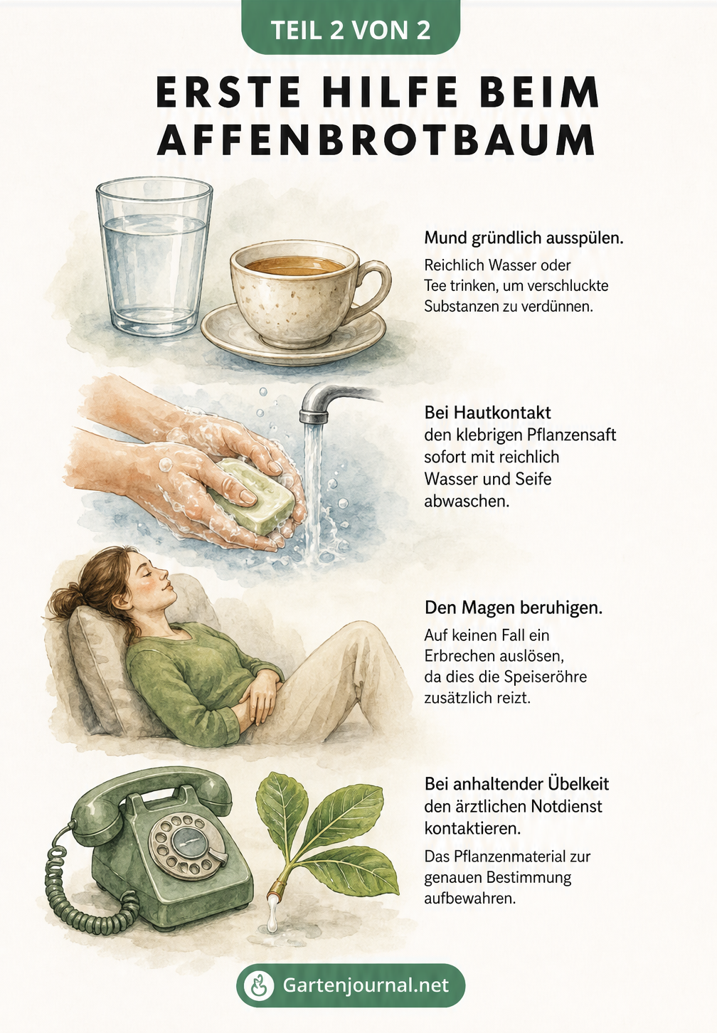 Aquarell-Vignetten mit Erste-Hilfe-Maßnahmen bei Kontakt mit dem Affenbrotbaum: Wasser trinken, Hände waschen, Magen beruhigen und Arzt kontaktieren.