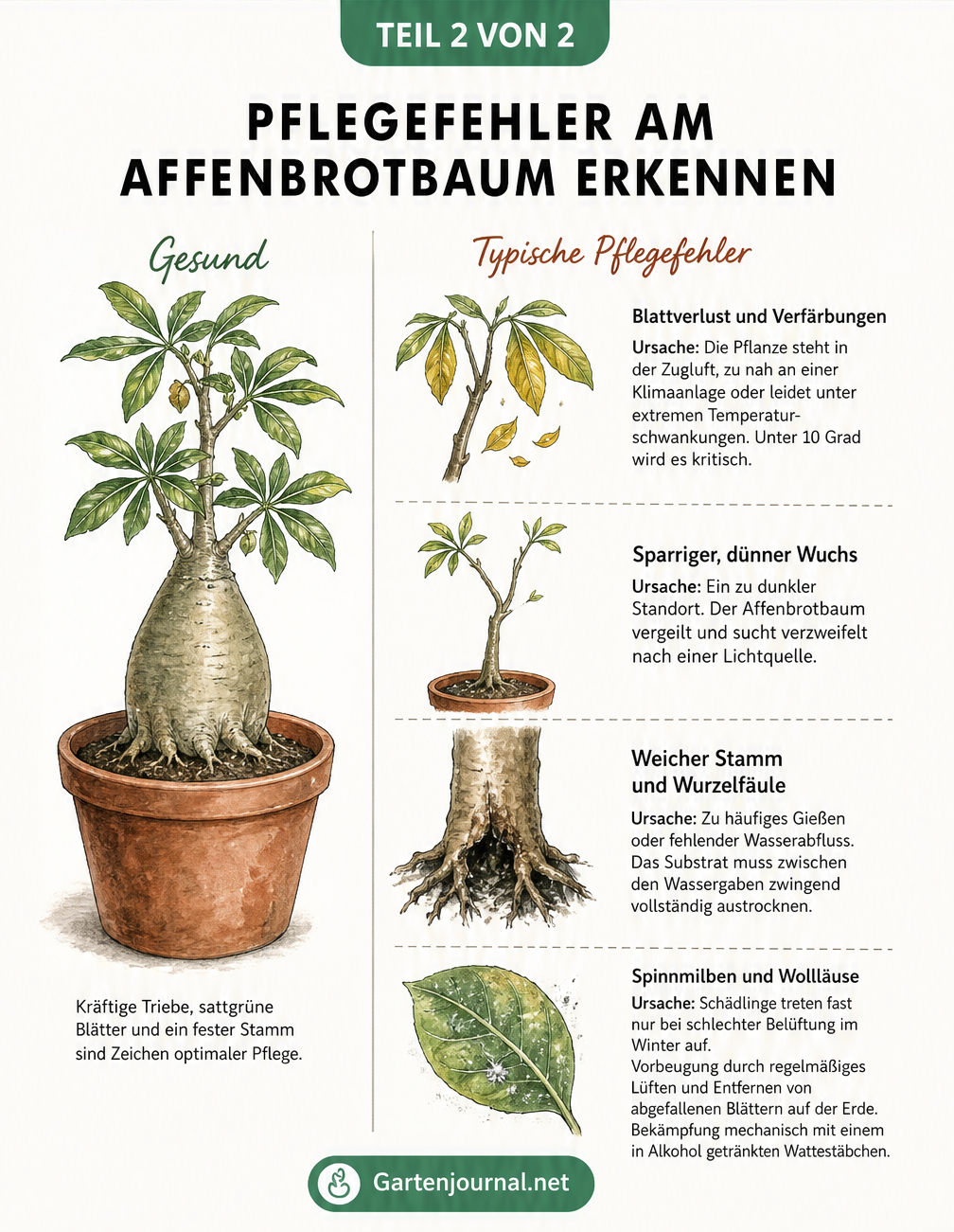 Illustration von Pflegefehlern am Affenbrotbaum: gelbe Blätter durch Zugluft, sparriger Wuchs durch Lichtmangel, weicher Stamm durch Nässe und Schädlinge.