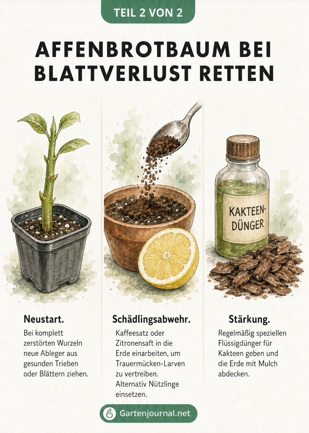 Drei Vignetten zeigen Schritte zur Rettung eines Affenbrotbaums: Ableger ziehen, Schädlinge mit Kaffeesatz vertreiben und mit Kakteendünger stärken