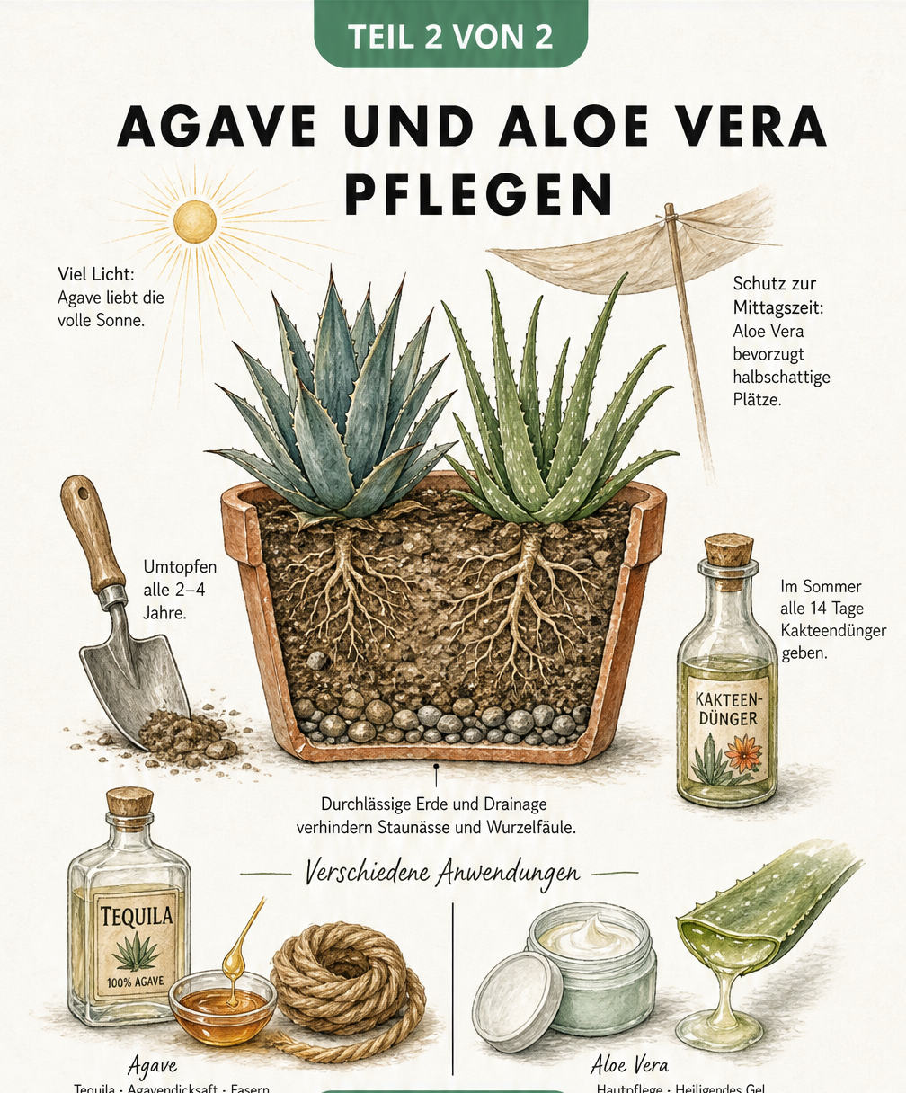 Illustration zur Pflege von Agave und Aloe Vera im Terrakotta-Topf mit Hinweisen zu Erde, Drainage und Standort
