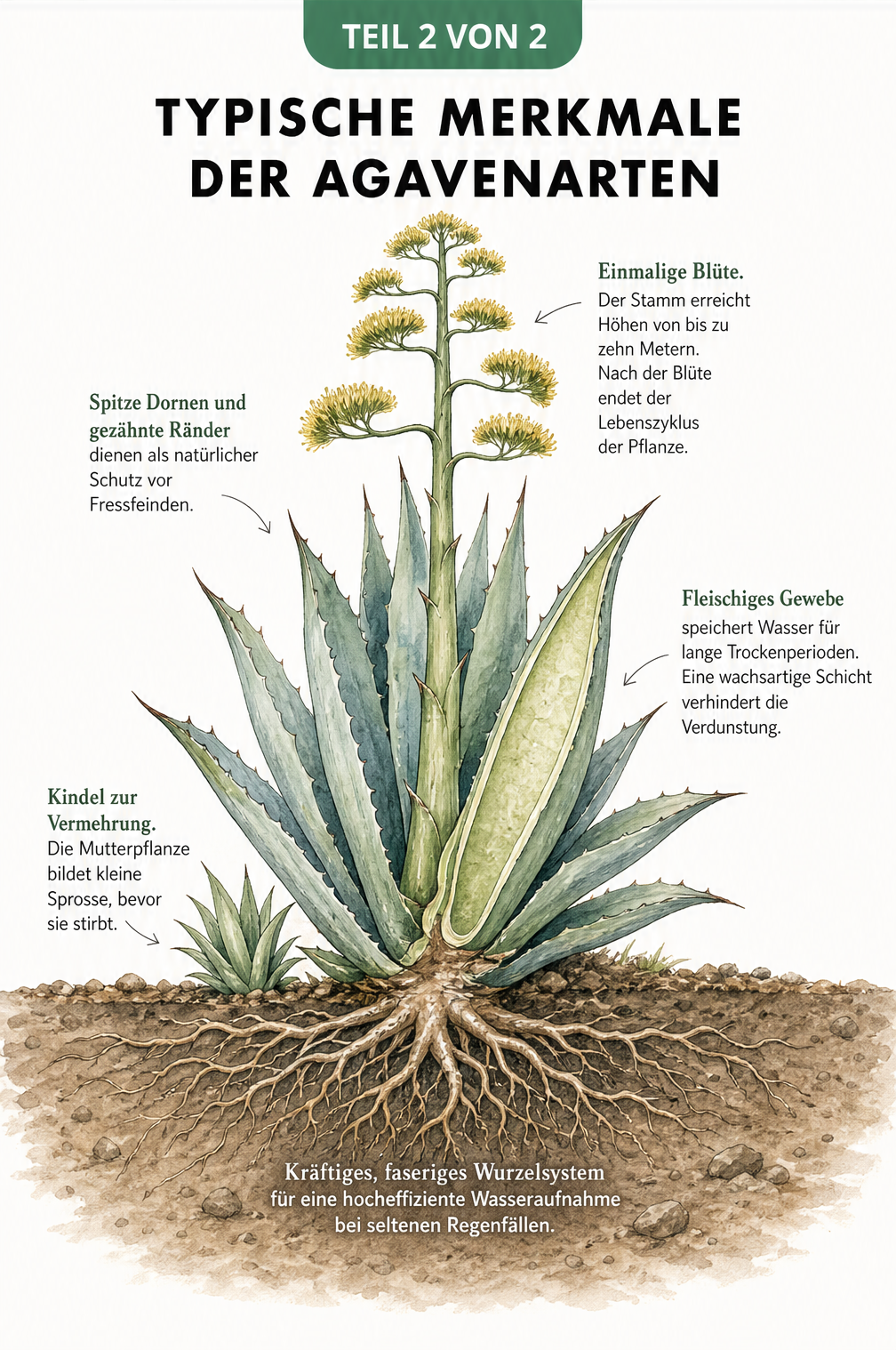 Detaillierte Schnittzeichnung einer blühenden Agave mit Wurzeln, fleischigen Blättern, Kindel zur Vermehrung und hohem Blütenstand