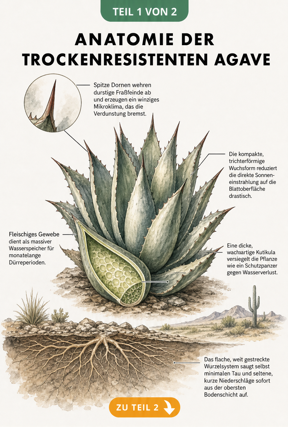 Querschnitt einer Agave mit Wurzelwerk und Blattstruktur im Wüstenboden