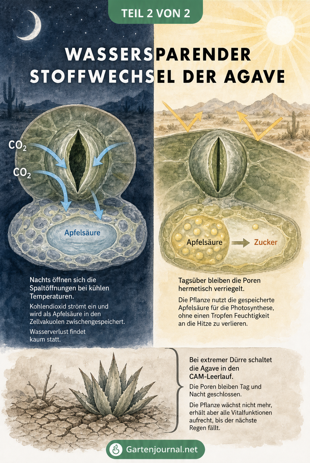 Illustration der CAM-Photosynthese bei Agaven mit Tag- und Nacht-Zyklus