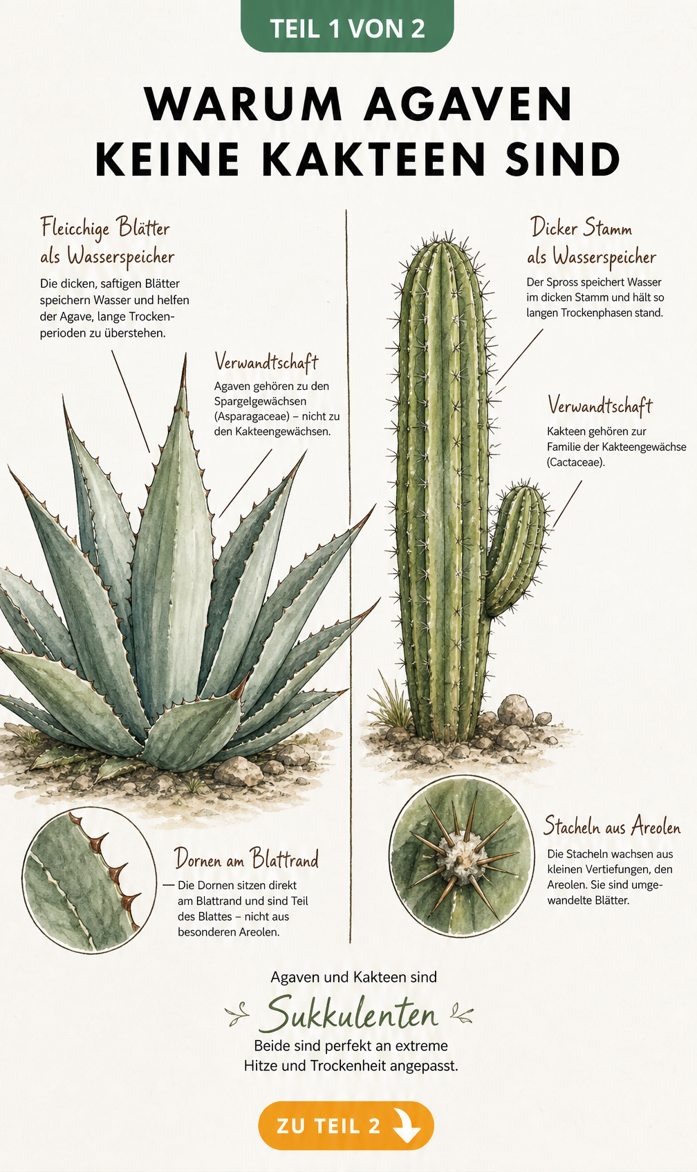 Botanische Illustration: Gegenüberstellung von Agave und Säulenkaktus mit Beschriftung der Wasserspeicher und Dornen