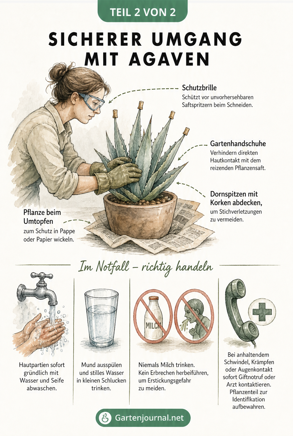 Illustration zum sicheren Umgang mit Agaven, inklusive Schutzkleidung und Erste-Hilfe-Maßnahmen