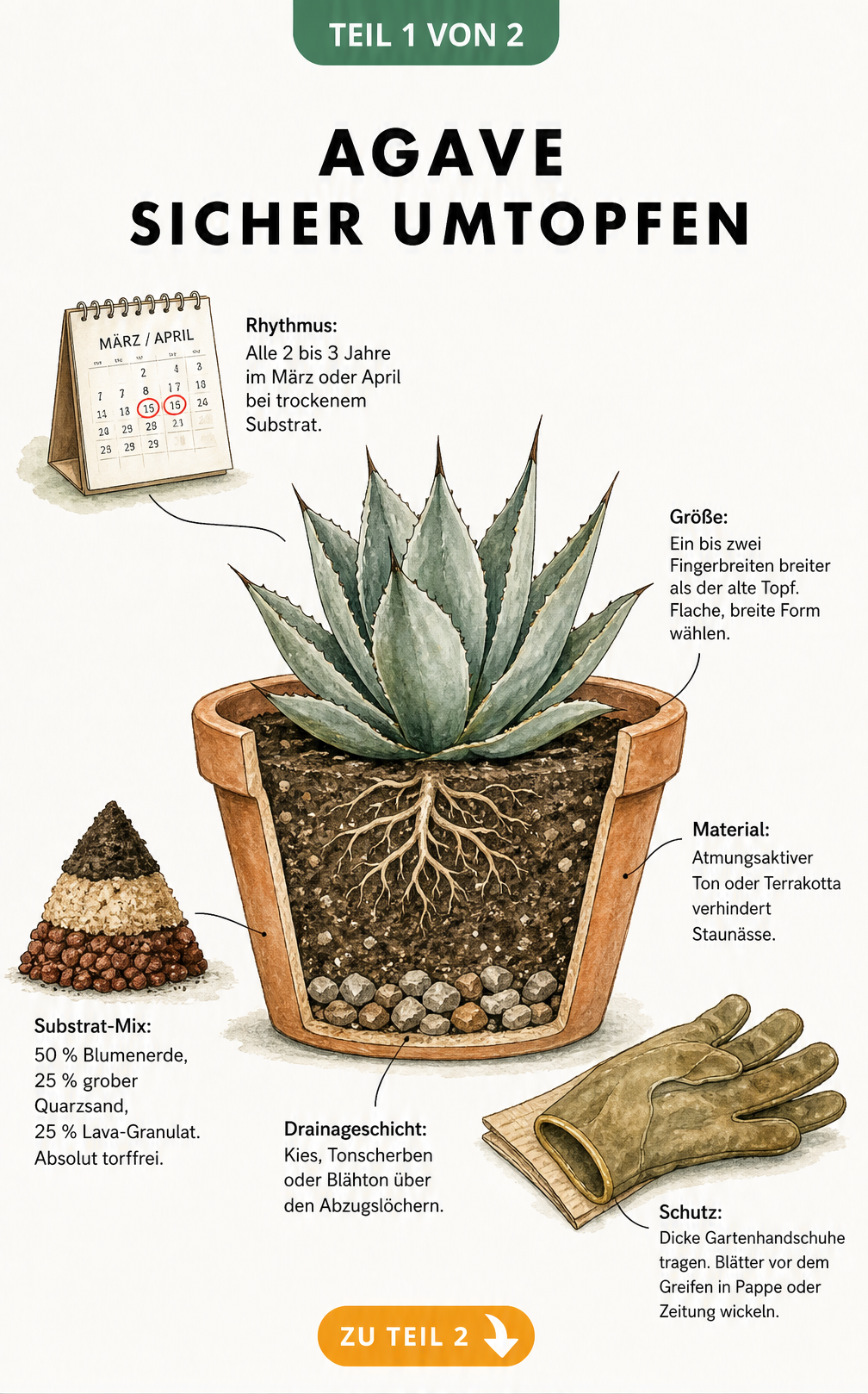 Querschnitt eines bepflanzten Terrakotta-Topfes mit Agave, der die ideale Erdmischung, Drainageschicht und den richtigen Topf zeigt.