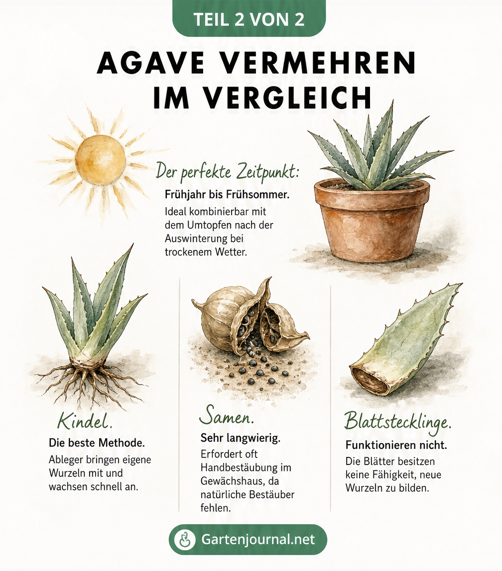 Vergleich der Vermehrungsmethoden für Agaven: Kindel als beste Methode, Samen als langwierig und Blattstecklinge als ungeeignet.