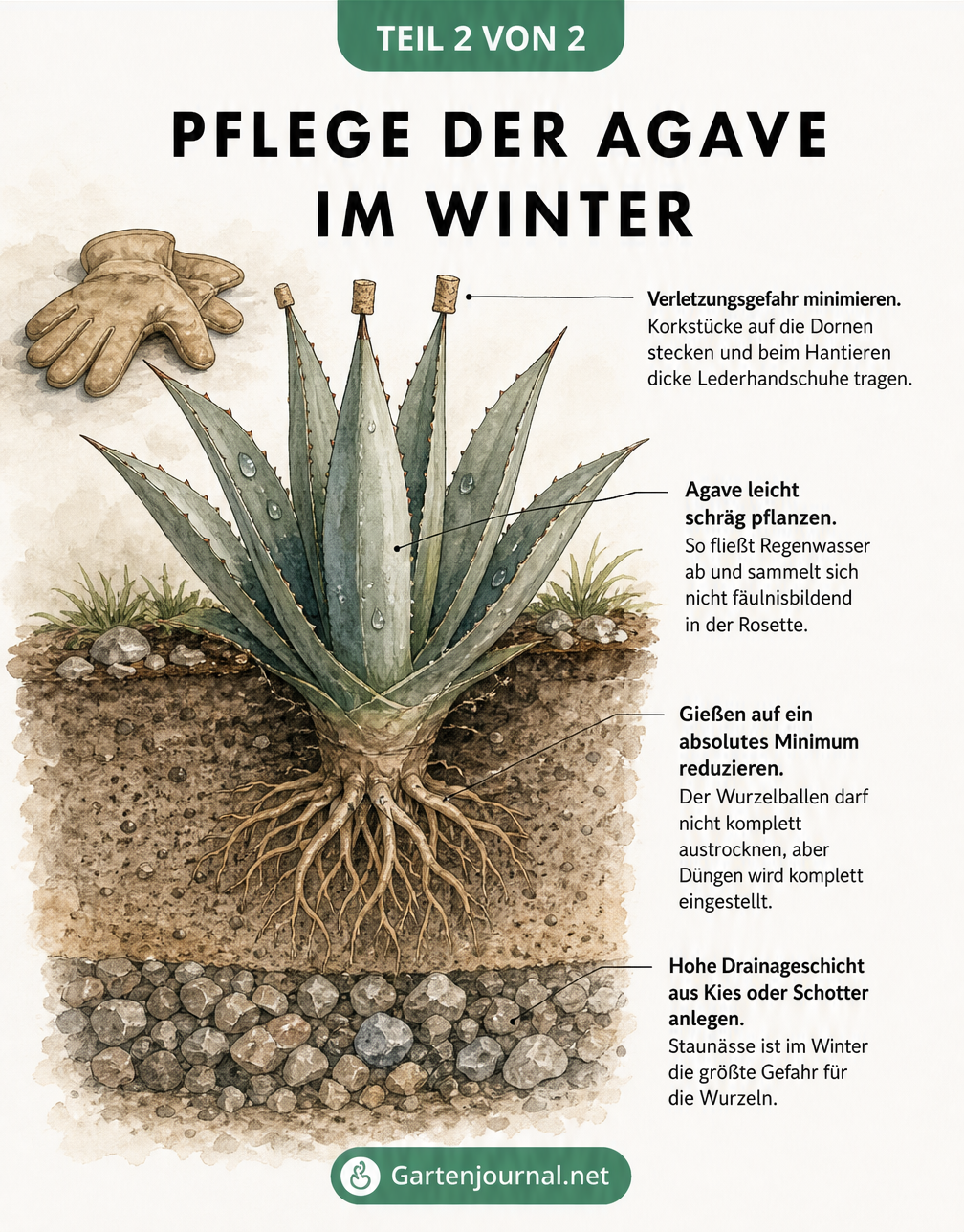 Querschnitt einer Agave im Boden mit Korkstücken auf den Dornen und einer dicken Drainageschicht
