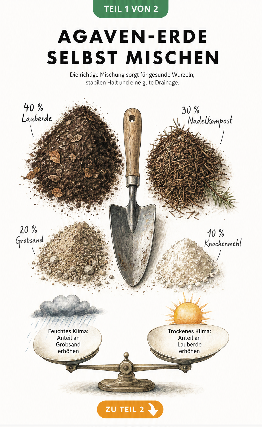 Botanische Illustration der Zutaten für Agaven-Erde mit Mischungsverhältnis: Lauberde, Nadelkompost, Grobsand und Knochenmehl