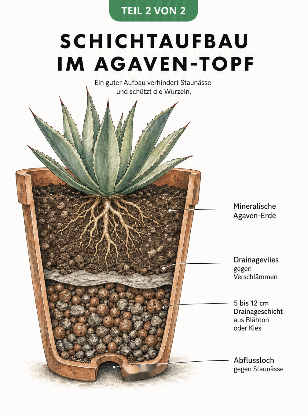 Querschnitt eines bepflanzten Terrakotta-Topfes mit Agave, der den Schichtaufbau aus mineralischer Erde, Drainagevlies und Blähton zeigt