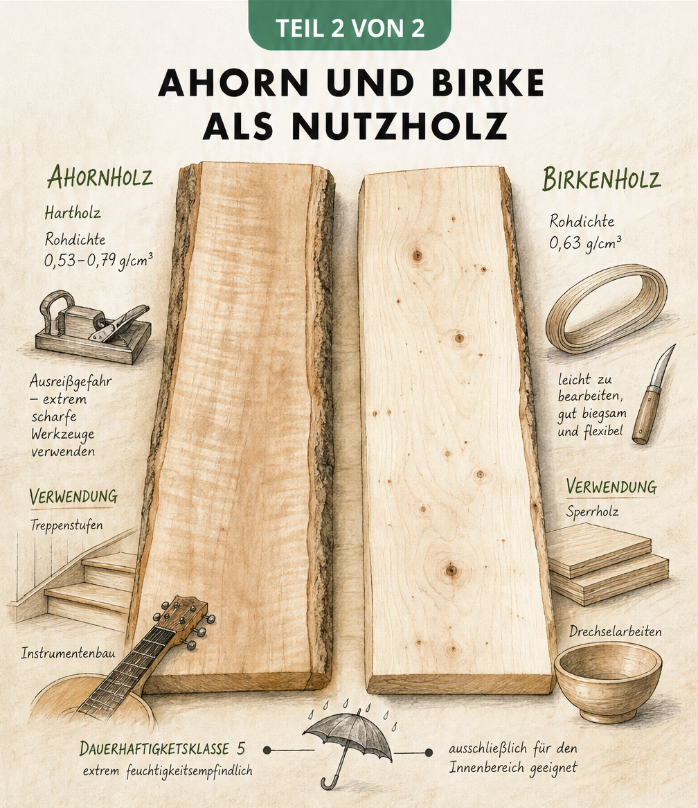 Botanische Illustration von Ahorn und Birke mit Blättern, Rinde und Wuchsform