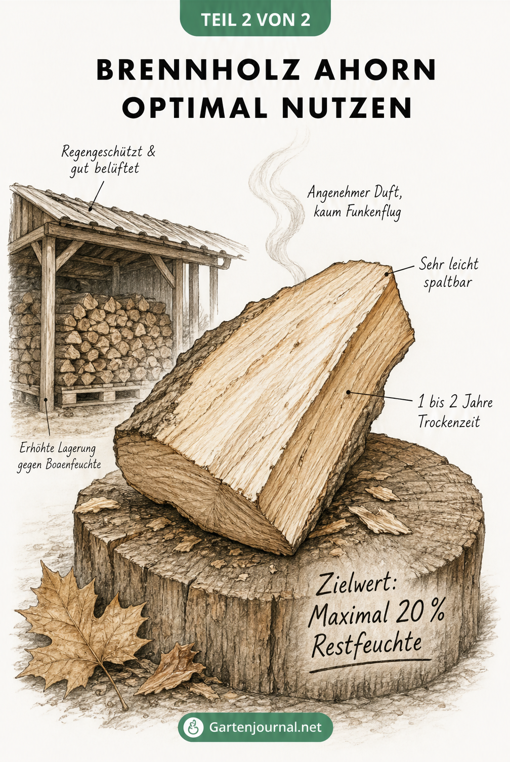 Skizze eines gespaltenen Ahorn-Holzscheits mit Hinweisen zur optimalen Trocknung und Lagerung