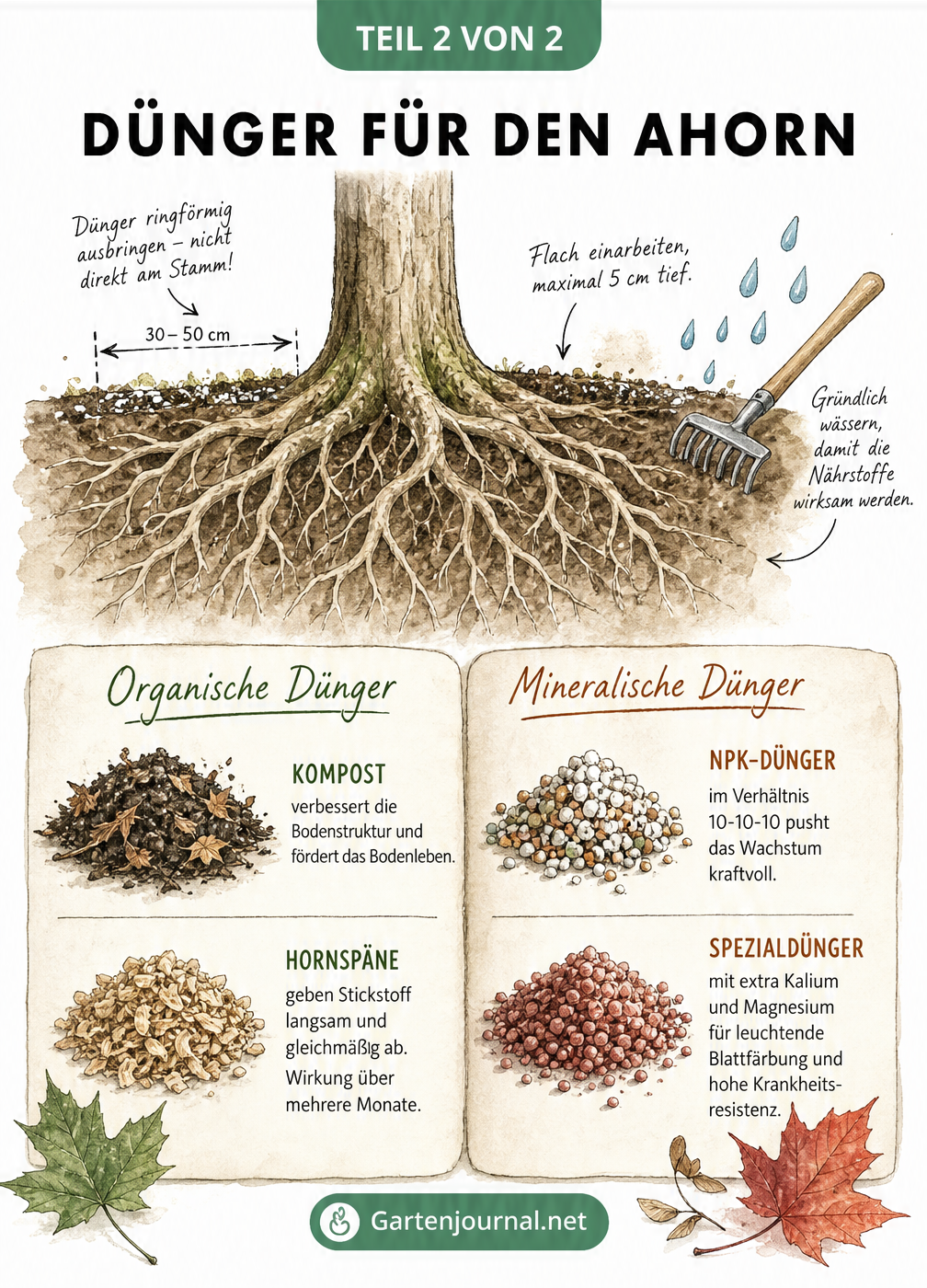 Illustration von organischen und mineralischen Düngern für den Ahornbaum mit Hinweisen zur Einarbeitung in den Boden