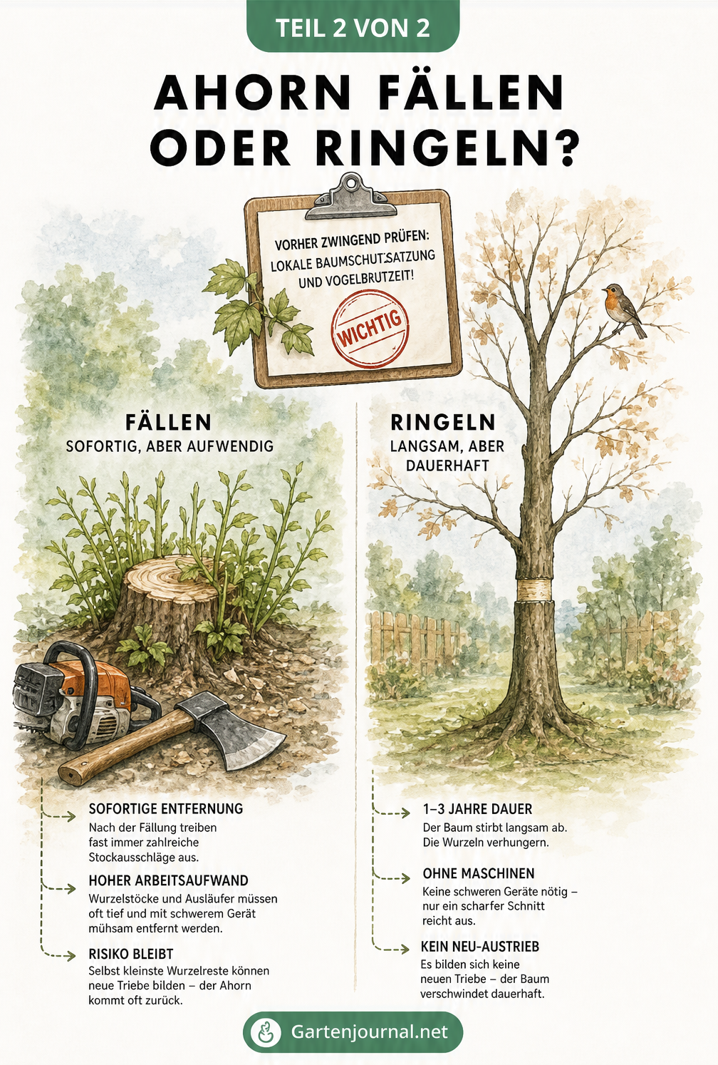 Gegenüberstellung von Ahorn fällen mit wuchernden Trieben und Ahorn ringeln mit langsam absterbendem Baum.