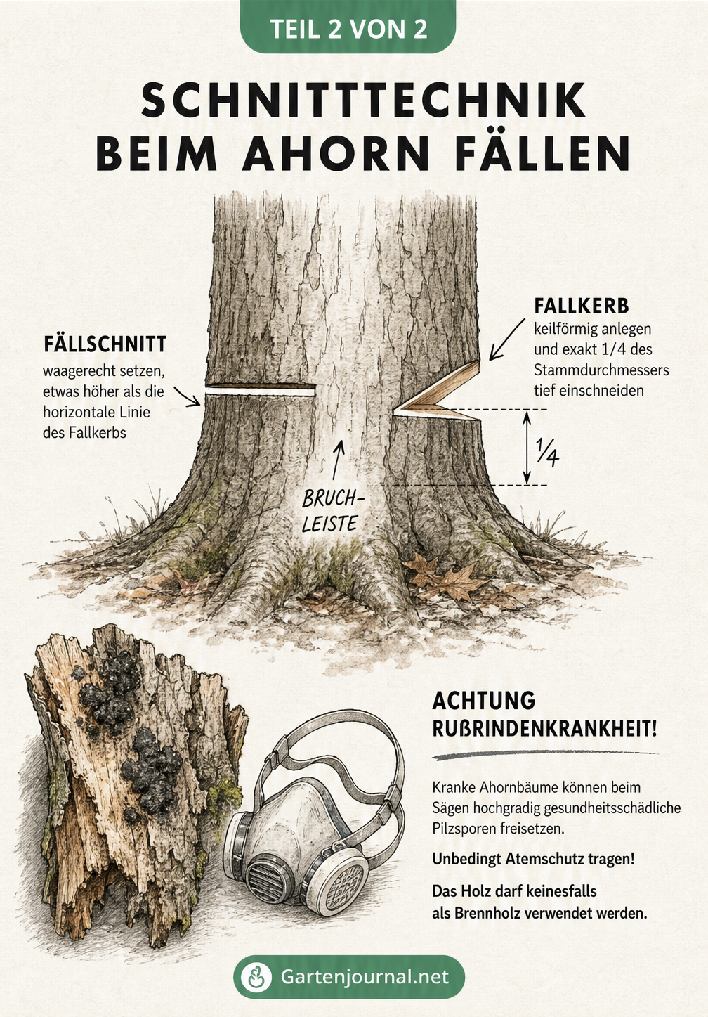 Skizze der Schnitttechnik beim Baumfällen mit Fallkerb, Bruchleiste und Fällschnitt sowie einer Warnung vor der Rußrindenkrankheit mit Atemschutzmaske.