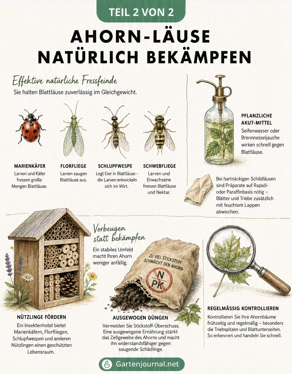 Illustration natürlicher Fressfeinde wie Marienkäfer und Florfliege sowie Hausmittel und Vorbeugungsmaßnahmen gegen Ahorn-Läuse