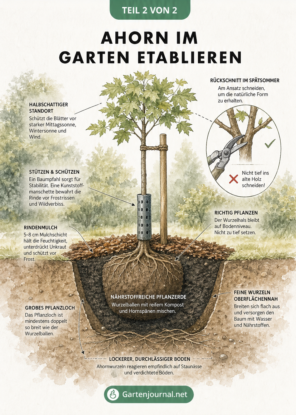 Querschnitt-Illustration zur Pflanzung und Pflege eines Ahornbaums mit Wurzelballen, Mulchschicht und Schnittanleitung
